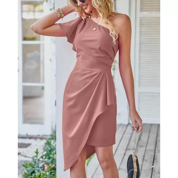 imageBTFBM Women 2023 Summer Fashion Elegant One Shoulder Cocktail Dress Ruffle Sleeve Wrap Ruched Bodycon Short Party DressesSolid Pink