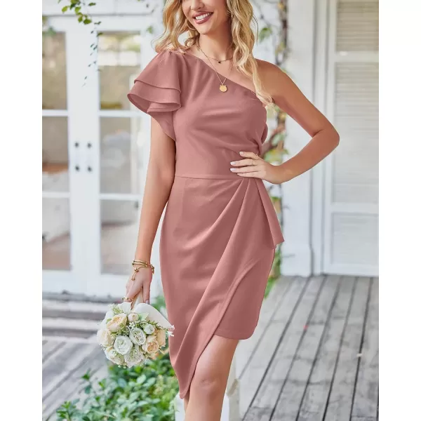 imageBTFBM Women 2023 Summer Fashion Elegant One Shoulder Cocktail Dress Ruffle Sleeve Wrap Ruched Bodycon Short Party DressesSolid Pink
