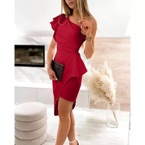 imageBTFBM Women 2023 Summer Fashion Elegant One Shoulder Cocktail Dress Ruffle Sleeve Wrap Ruched Bodycon Short Party DressesSolid Red
