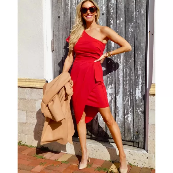 imageBTFBM Women 2023 Summer Fashion Elegant One Shoulder Cocktail Dress Ruffle Sleeve Wrap Ruched Bodycon Short Party DressesSolid Red