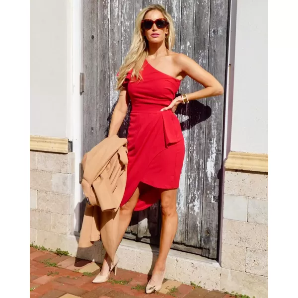 imageBTFBM Women 2023 Summer Fashion Elegant One Shoulder Cocktail Dress Ruffle Sleeve Wrap Ruched Bodycon Short Party DressesSolid Red