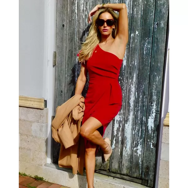 imageBTFBM Women 2023 Summer Fashion Elegant One Shoulder Cocktail Dress Ruffle Sleeve Wrap Ruched Bodycon Short Party DressesSolid Red