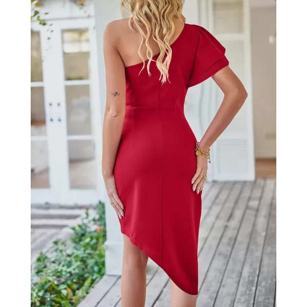 imageBTFBM Women 2023 Summer Fashion Elegant One Shoulder Cocktail Dress Ruffle Sleeve Wrap Ruched Bodycon Short Party DressesSolid Red