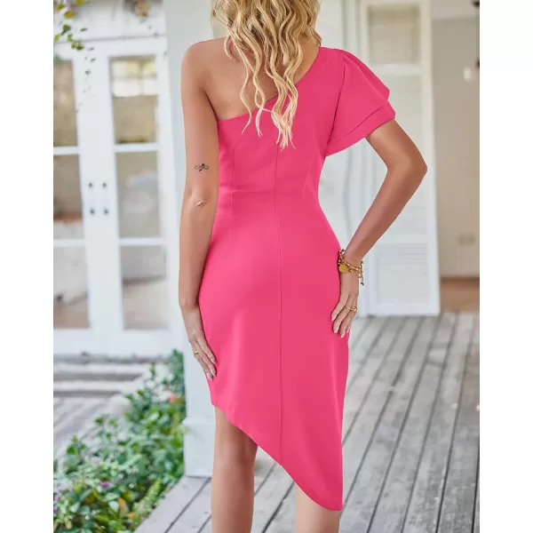 imageBTFBM Women 2023 Summer Fashion Elegant One Shoulder Cocktail Dress Ruffle Sleeve Wrap Ruched Bodycon Short Party DressesSolid Rose Pink