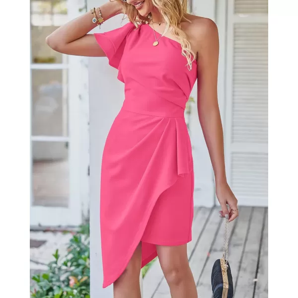 imageBTFBM Women 2023 Summer Fashion Elegant One Shoulder Cocktail Dress Ruffle Sleeve Wrap Ruched Bodycon Short Party DressesSolid Rose Pink