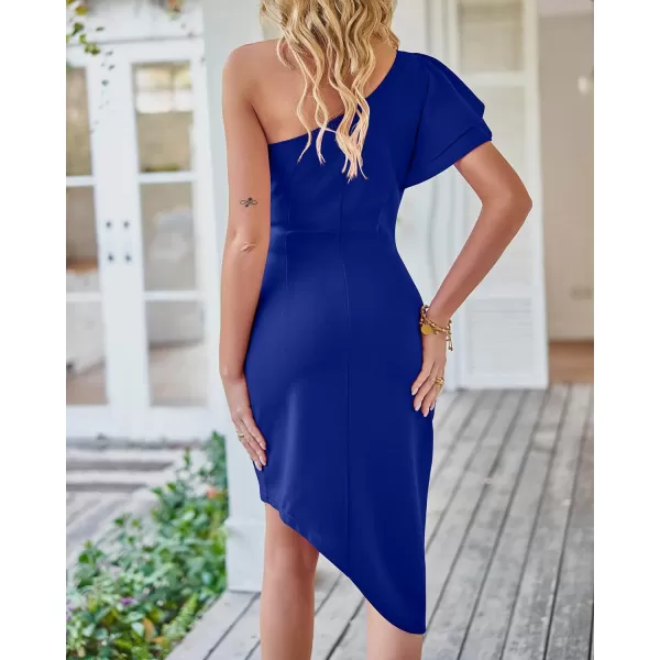 imageBTFBM Women 2023 Summer Fashion Elegant One Shoulder Cocktail Dress Ruffle Sleeve Wrap Ruched Bodycon Short Party DressesSolid Royal Blue