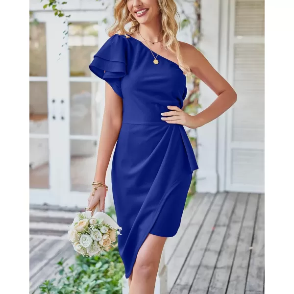 imageBTFBM Women 2023 Summer Fashion Elegant One Shoulder Cocktail Dress Ruffle Sleeve Wrap Ruched Bodycon Short Party DressesSolid Royal Blue