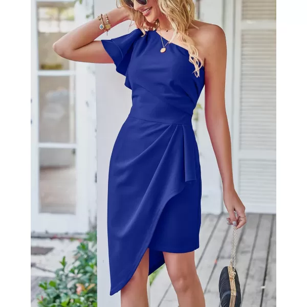 imageBTFBM Women 2023 Summer Fashion Elegant One Shoulder Cocktail Dress Ruffle Sleeve Wrap Ruched Bodycon Short Party DressesSolid Royal Blue