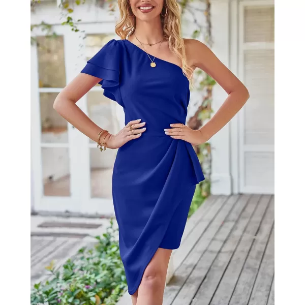 imageBTFBM Women 2023 Summer Fashion Elegant One Shoulder Cocktail Dress Ruffle Sleeve Wrap Ruched Bodycon Short Party DressesSolid Royal Blue