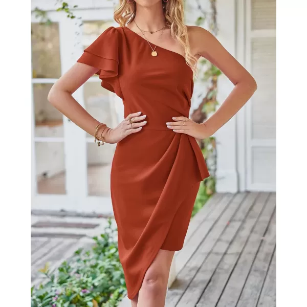 imageBTFBM Women 2023 Summer Fashion Elegant One Shoulder Cocktail Dress Ruffle Sleeve Wrap Ruched Bodycon Short Party DressesSolid Rust Red