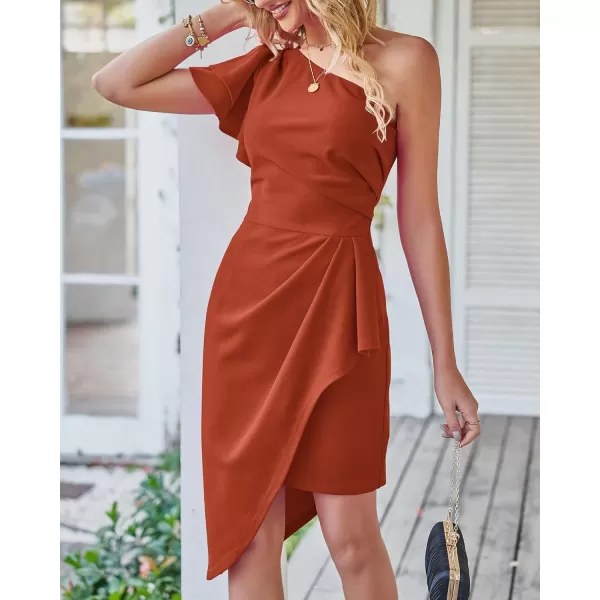 imageBTFBM Women 2023 Summer Fashion Elegant One Shoulder Cocktail Dress Ruffle Sleeve Wrap Ruched Bodycon Short Party DressesSolid Rust Red
