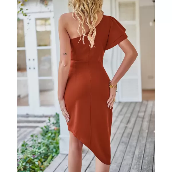 imageBTFBM Women 2023 Summer Fashion Elegant One Shoulder Cocktail Dress Ruffle Sleeve Wrap Ruched Bodycon Short Party DressesSolid Rust Red