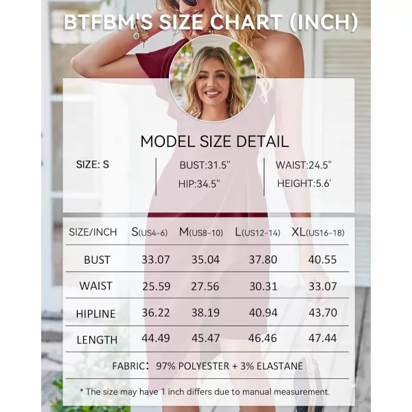 imageBTFBM Women 2023 Summer Fashion Elegant One Shoulder Cocktail Dress Ruffle Sleeve Wrap Ruched Bodycon Short Party DressesSolid Wine Red