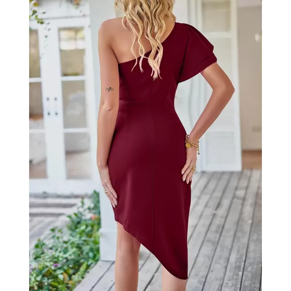 imageBTFBM Women 2023 Summer Fashion Elegant One Shoulder Cocktail Dress Ruffle Sleeve Wrap Ruched Bodycon Short Party DressesSolid Wine Red