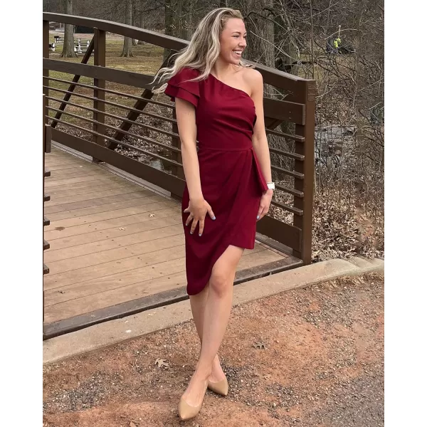 imageBTFBM Women 2023 Summer Fashion Elegant One Shoulder Cocktail Dress Ruffle Sleeve Wrap Ruched Bodycon Short Party DressesSolid Wine Red