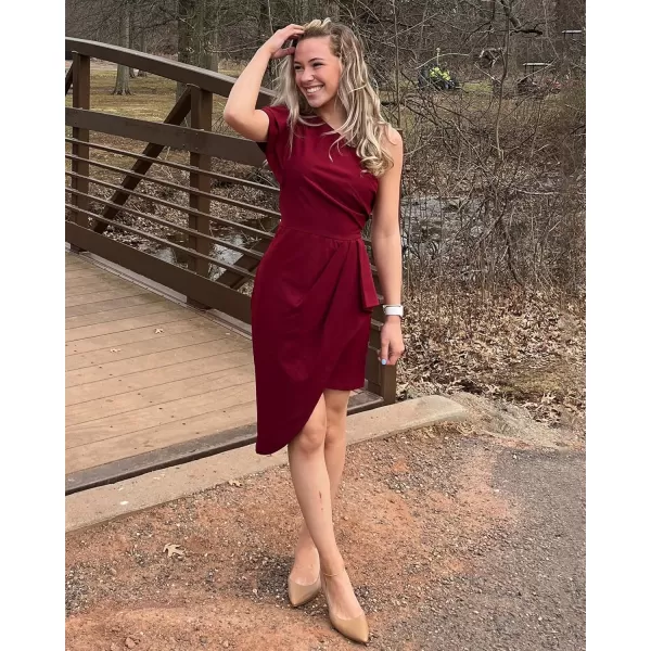 imageBTFBM Women 2023 Summer Fashion Elegant One Shoulder Cocktail Dress Ruffle Sleeve Wrap Ruched Bodycon Short Party DressesSolid Wine Red