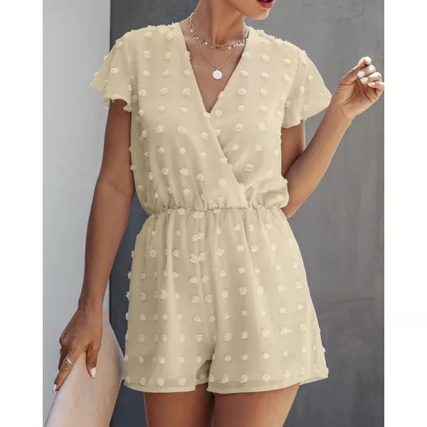 imageBTFBM Women 2023 Summer Fashion V Neck Wrap Rompers Swiss Dot Pocketed Elastic Waist Short Sleeve Beach Shorts JumpsuitApricot