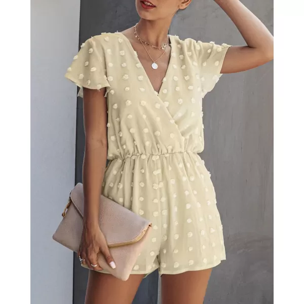 imageBTFBM Women 2023 Summer Fashion V Neck Wrap Rompers Swiss Dot Pocketed Elastic Waist Short Sleeve Beach Shorts JumpsuitApricot