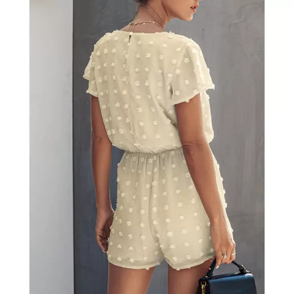 imageBTFBM Women 2023 Summer Fashion V Neck Wrap Rompers Swiss Dot Pocketed Elastic Waist Short Sleeve Beach Shorts JumpsuitApricot