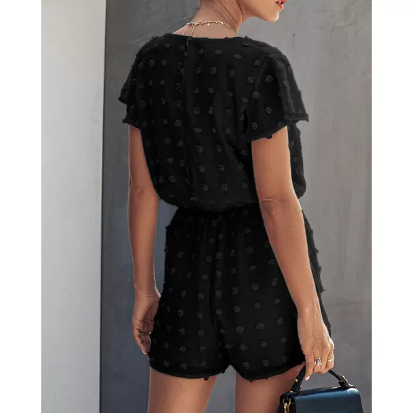 imageBTFBM Women 2023 Summer Fashion V Neck Wrap Rompers Swiss Dot Pocketed Elastic Waist Short Sleeve Beach Shorts JumpsuitBlack