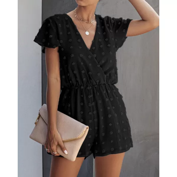 imageBTFBM Women 2023 Summer Fashion V Neck Wrap Rompers Swiss Dot Pocketed Elastic Waist Short Sleeve Beach Shorts JumpsuitBlack