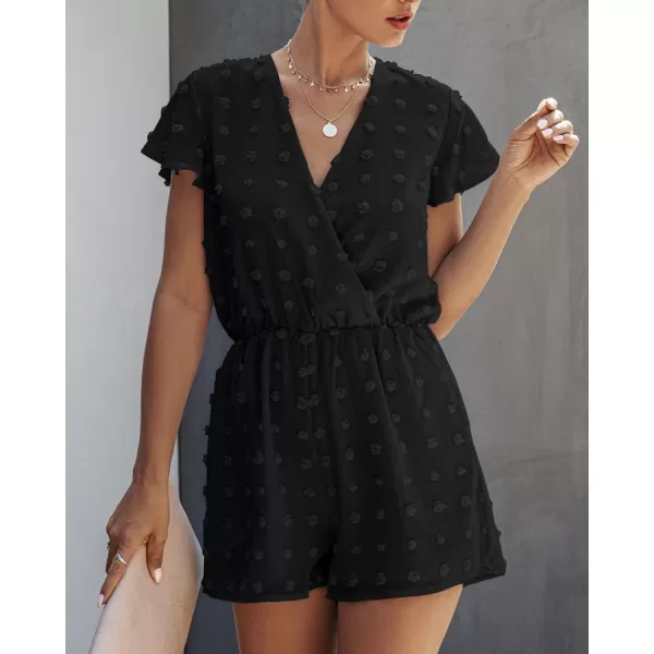 imageBTFBM Women 2023 Summer Fashion V Neck Wrap Rompers Swiss Dot Pocketed Elastic Waist Short Sleeve Beach Shorts JumpsuitBlack
