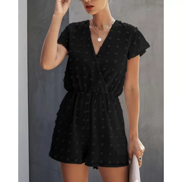 imageBTFBM Women 2023 Summer Fashion V Neck Wrap Rompers Swiss Dot Pocketed Elastic Waist Short Sleeve Beach Shorts JumpsuitBlack