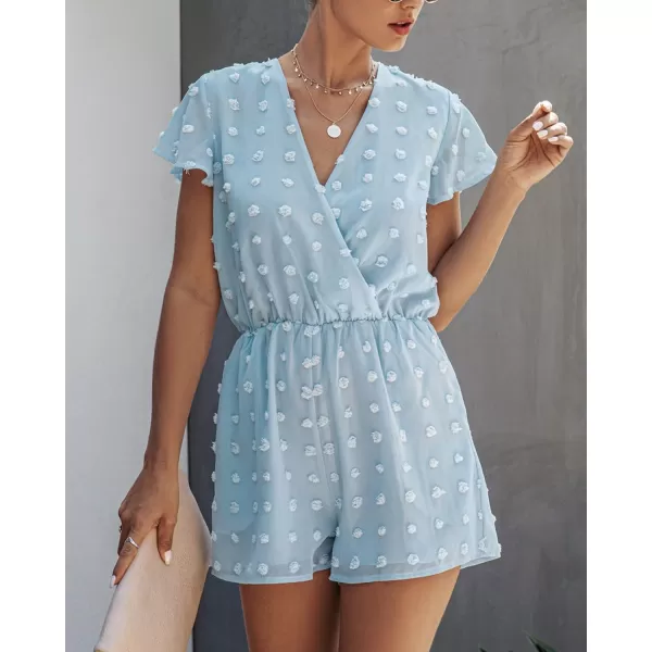 imageBTFBM Women 2023 Summer Fashion V Neck Wrap Rompers Swiss Dot Pocketed Elastic Waist Short Sleeve Beach Shorts JumpsuitBlue