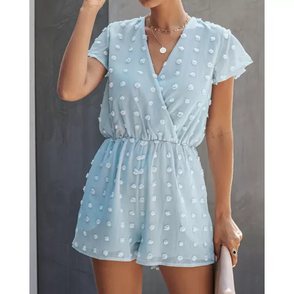 imageBTFBM Women 2023 Summer Fashion V Neck Wrap Rompers Swiss Dot Pocketed Elastic Waist Short Sleeve Beach Shorts JumpsuitBlue