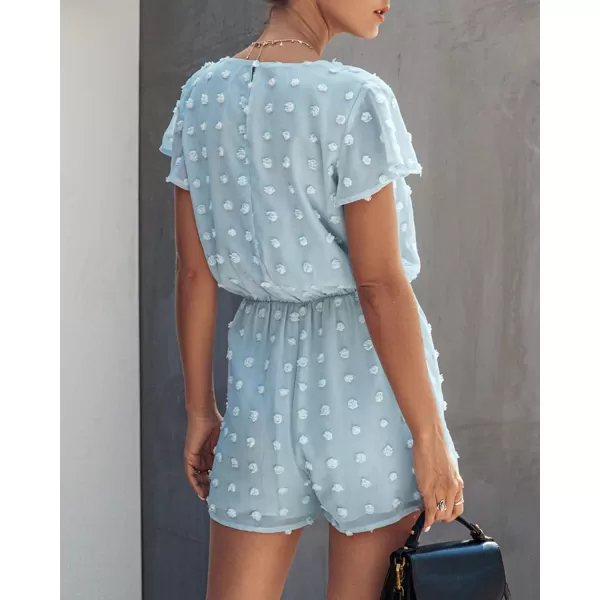 imageBTFBM Women 2023 Summer Fashion V Neck Wrap Rompers Swiss Dot Pocketed Elastic Waist Short Sleeve Beach Shorts JumpsuitBlue