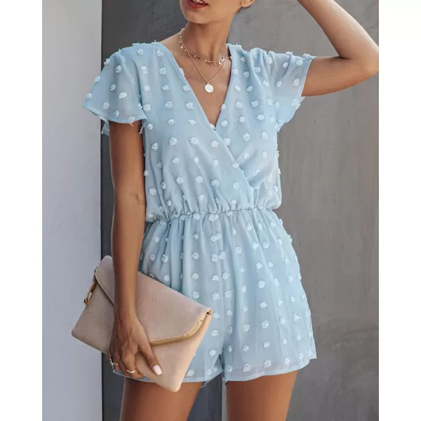 imageBTFBM Women 2023 Summer Fashion V Neck Wrap Rompers Swiss Dot Pocketed Elastic Waist Short Sleeve Beach Shorts JumpsuitBlue