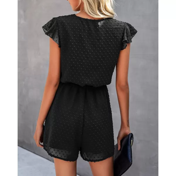 imageBTFBM Women 2023 Summer Fashion V Neck Wrap Rompers Swiss Dot Pocketed Elastic Waist Short Sleeve Beach Shorts JumpsuitButton Black