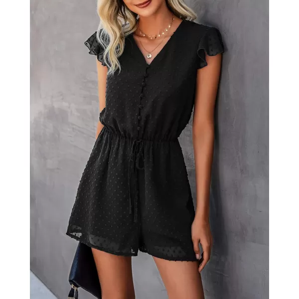 imageBTFBM Women 2023 Summer Fashion V Neck Wrap Rompers Swiss Dot Pocketed Elastic Waist Short Sleeve Beach Shorts JumpsuitButton Black