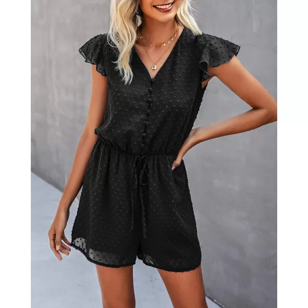 imageBTFBM Women 2023 Summer Fashion V Neck Wrap Rompers Swiss Dot Pocketed Elastic Waist Short Sleeve Beach Shorts JumpsuitButton Black
