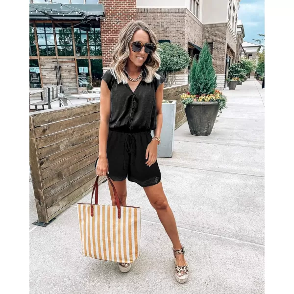 imageBTFBM Women 2023 Summer Fashion V Neck Wrap Rompers Swiss Dot Pocketed Elastic Waist Short Sleeve Beach Shorts JumpsuitButton Black