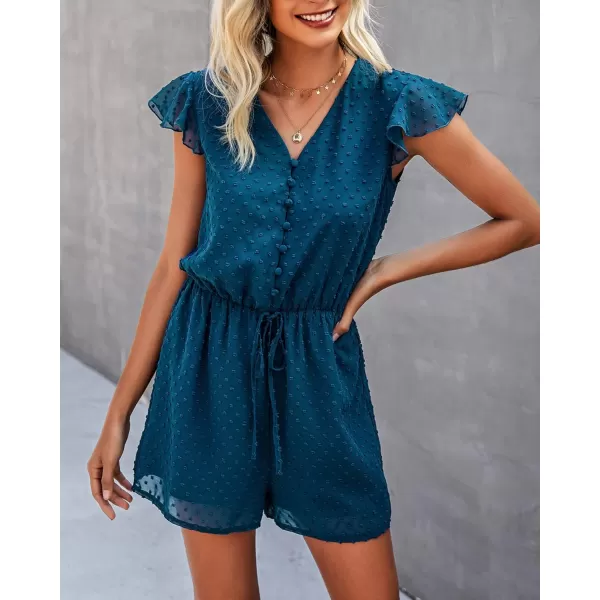 imageBTFBM Women 2023 Summer Fashion V Neck Wrap Rompers Swiss Dot Pocketed Elastic Waist Short Sleeve Beach Shorts JumpsuitButton Lake Blue