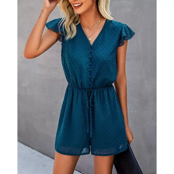 imageBTFBM Women 2023 Summer Fashion V Neck Wrap Rompers Swiss Dot Pocketed Elastic Waist Short Sleeve Beach Shorts JumpsuitButton Lake Blue
