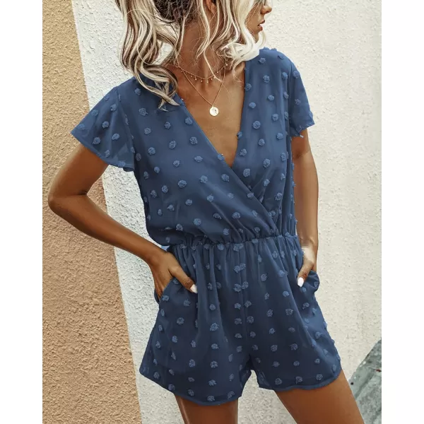 imageBTFBM Women 2023 Summer Fashion V Neck Wrap Rompers Swiss Dot Pocketed Elastic Waist Short Sleeve Beach Shorts JumpsuitDark Blue