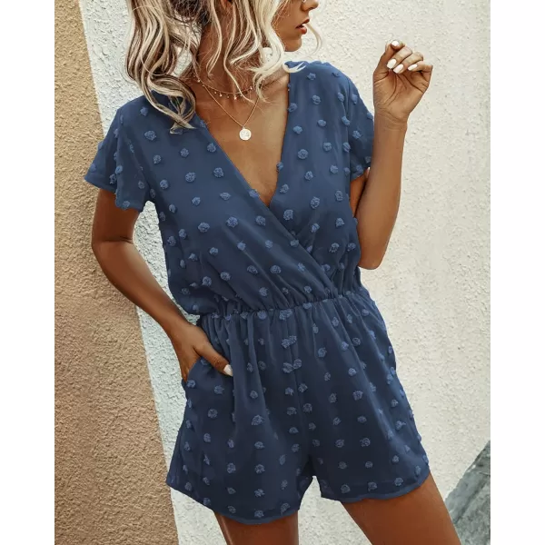 imageBTFBM Women 2023 Summer Fashion V Neck Wrap Rompers Swiss Dot Pocketed Elastic Waist Short Sleeve Beach Shorts JumpsuitDark Blue