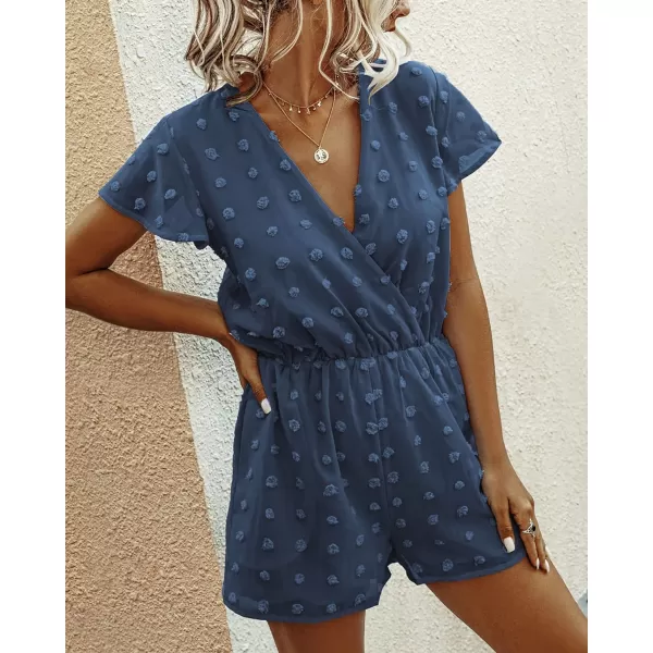 imageBTFBM Women 2023 Summer Fashion V Neck Wrap Rompers Swiss Dot Pocketed Elastic Waist Short Sleeve Beach Shorts JumpsuitDark Blue
