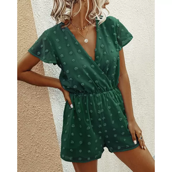 imageBTFBM Women 2023 Summer Fashion V Neck Wrap Rompers Swiss Dot Pocketed Elastic Waist Short Sleeve Beach Shorts JumpsuitDark Green