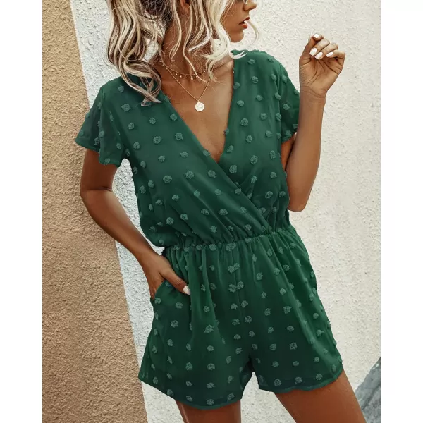 imageBTFBM Women 2023 Summer Fashion V Neck Wrap Rompers Swiss Dot Pocketed Elastic Waist Short Sleeve Beach Shorts JumpsuitDark Green