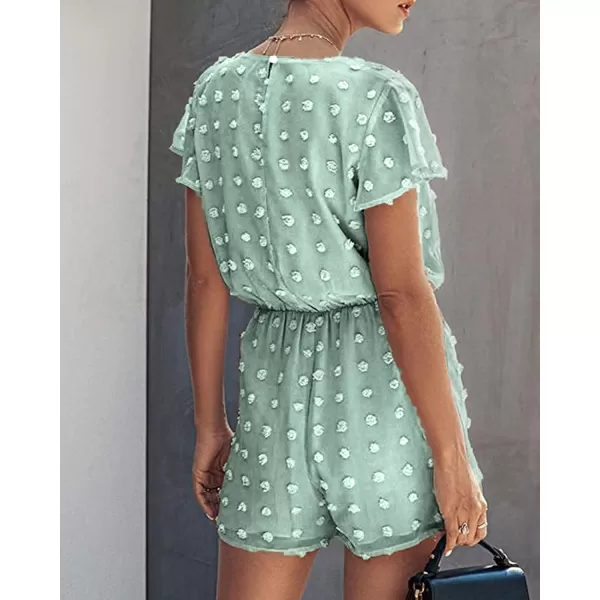 imageBTFBM Women 2023 Summer Fashion V Neck Wrap Rompers Swiss Dot Pocketed Elastic Waist Short Sleeve Beach Shorts JumpsuitGreen