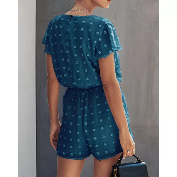 imageBTFBM Women 2023 Summer Fashion V Neck Wrap Rompers Swiss Dot Pocketed Elastic Waist Short Sleeve Beach Shorts JumpsuitLake Blue