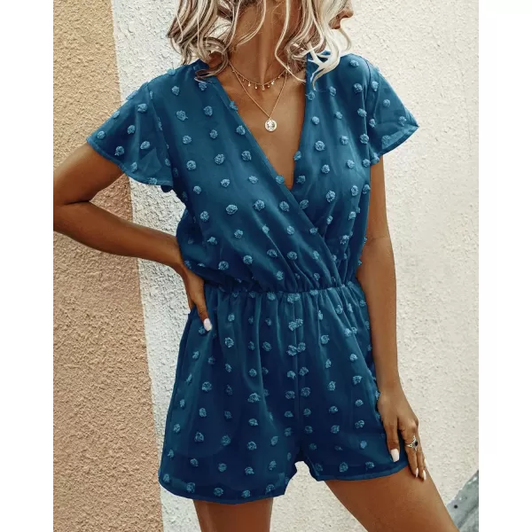 imageBTFBM Women 2023 Summer Fashion V Neck Wrap Rompers Swiss Dot Pocketed Elastic Waist Short Sleeve Beach Shorts JumpsuitLake Blue