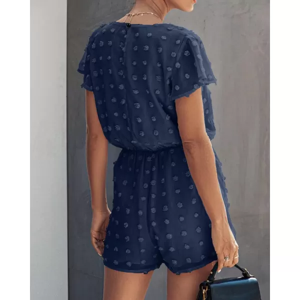 imageBTFBM Women 2023 Summer Fashion V Neck Wrap Rompers Swiss Dot Pocketed Elastic Waist Short Sleeve Beach Shorts JumpsuitNavy