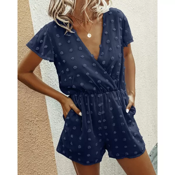 imageBTFBM Women 2023 Summer Fashion V Neck Wrap Rompers Swiss Dot Pocketed Elastic Waist Short Sleeve Beach Shorts JumpsuitNavy