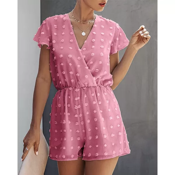 imageBTFBM Women 2023 Summer Fashion V Neck Wrap Rompers Swiss Dot Pocketed Elastic Waist Short Sleeve Beach Shorts JumpsuitPink