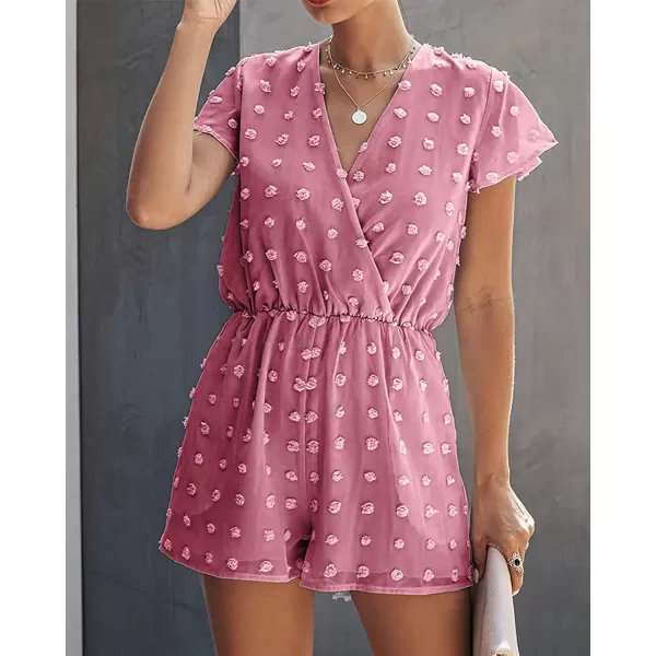 imageBTFBM Women 2023 Summer Fashion V Neck Wrap Rompers Swiss Dot Pocketed Elastic Waist Short Sleeve Beach Shorts JumpsuitPink