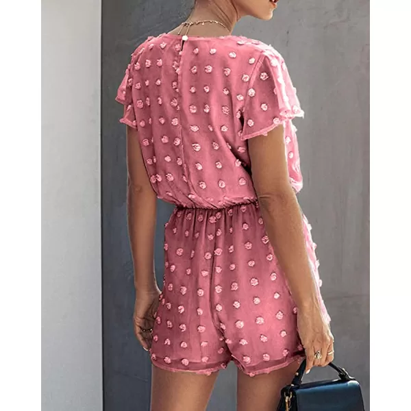 imageBTFBM Women 2023 Summer Fashion V Neck Wrap Rompers Swiss Dot Pocketed Elastic Waist Short Sleeve Beach Shorts JumpsuitPink